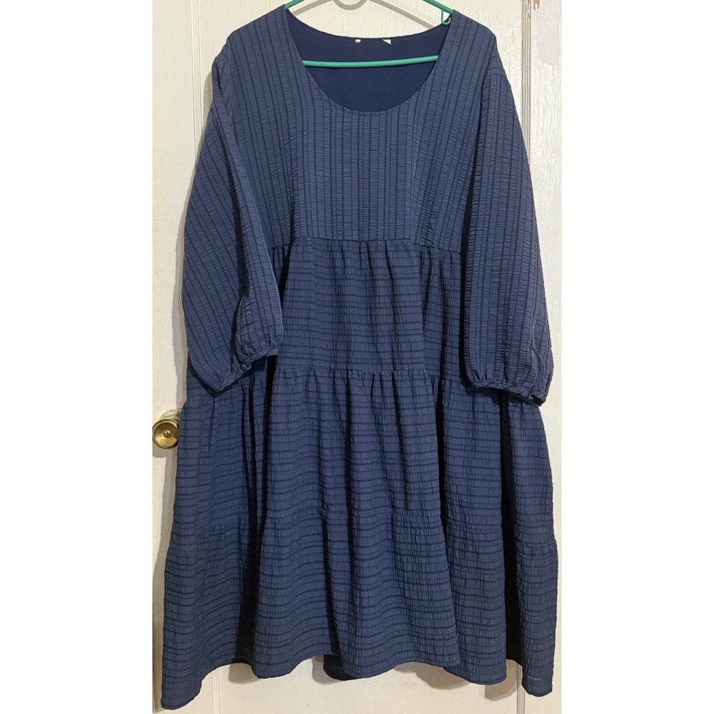 K0202-Women's 3X Navy Blue Tiered Babydoll Dress Long Balloon Sleeve Textured